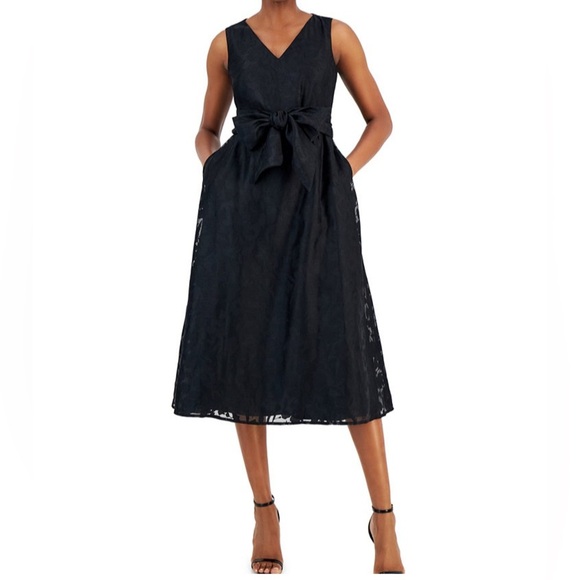NWT Anne Klein Women's V-neck Sleeveless Attached-sash Midi Dress In Black (XL) - Picture 1 of 10